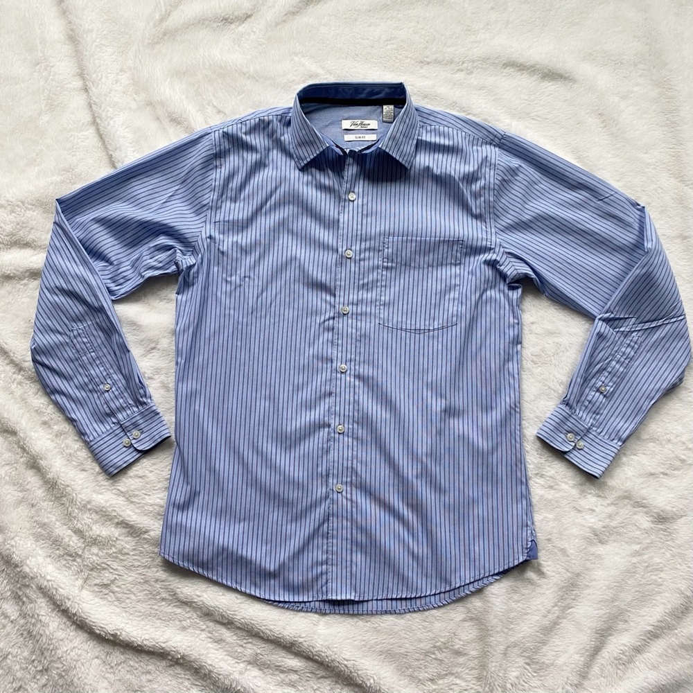Van Heusen Slim Fit Pinstripe Dress Shirt Light Blue Size Medium 15-15.5
